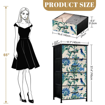Chinoiserie Botanical Garden Birds, Blue, Green Asian Inspired Modern 4-Drawer Dresser - Mid Century Modern Gal