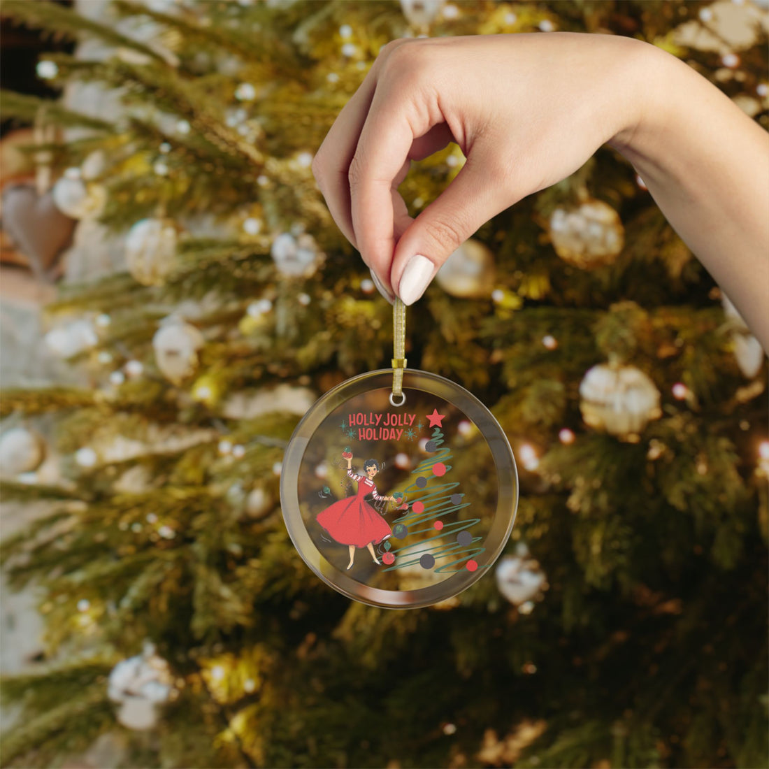 Mid Century Modern Christmas Holly Jolly Holiday Glass Ornament- Vintage 50s Kitsch Christmas Decor