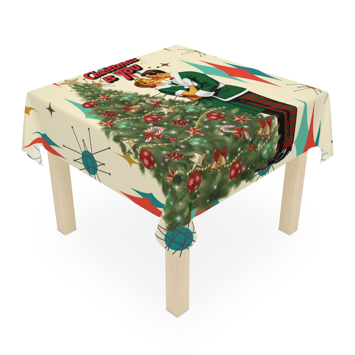 Mid Century Modern Christmas Tablecloth, Franciscan Starburst Pattern "All I Want for Christmas is You" Holiday Decor - Mid Century Modern Gal