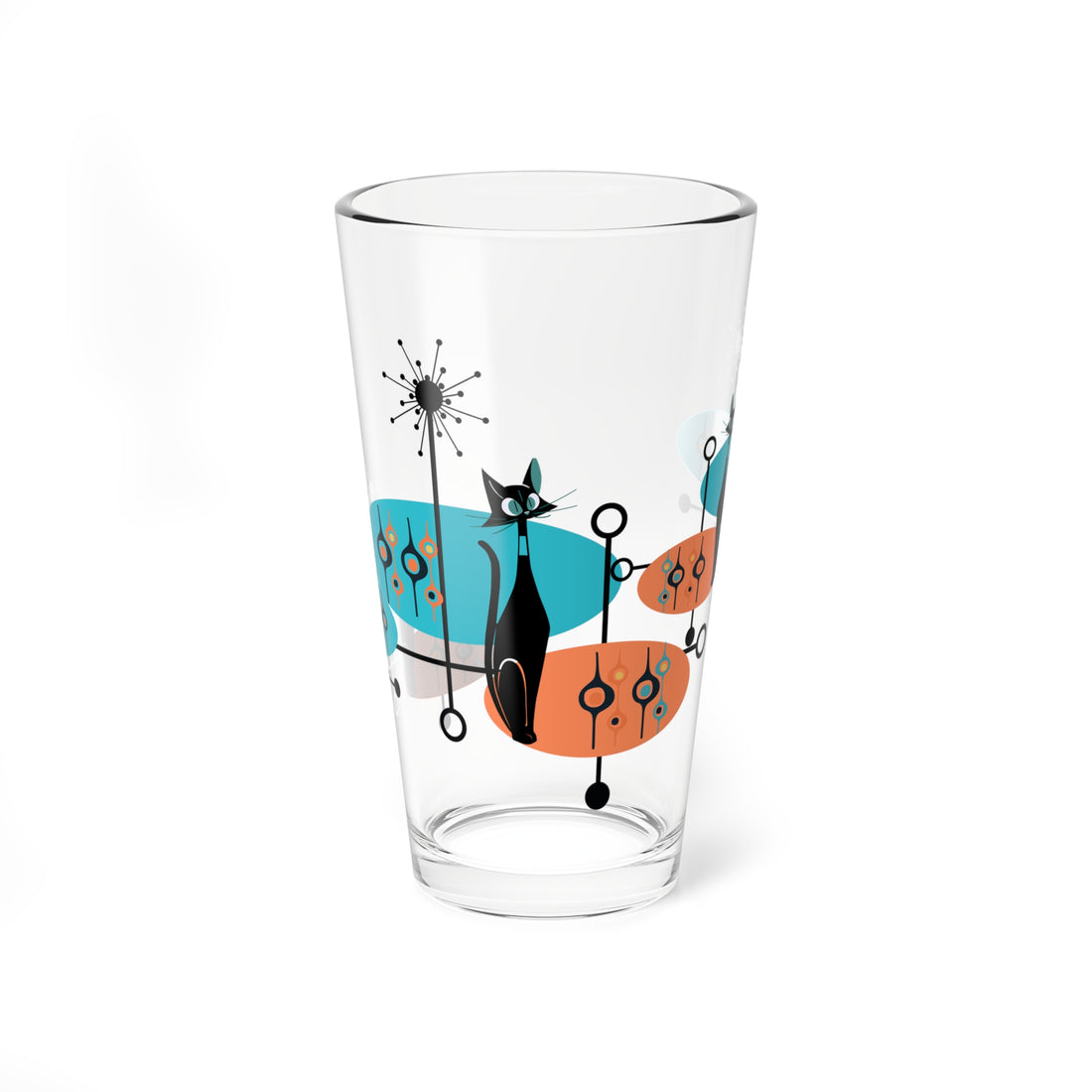 Kitschy Black Atomic Cat Glassware, Linear Lines, Mid Century Modern Barwarem Orange, Teal Sputnik Designed, 50s Cocktail Glass