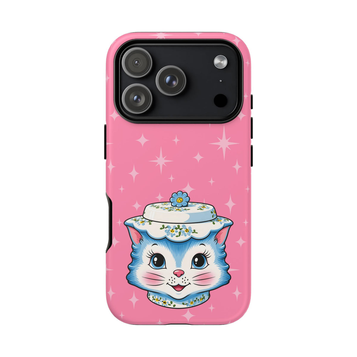Mid Century Modern Kitschy Anthropomorphic Blue Cat with Floral Hat Tough Phone Case