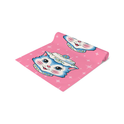 Mid Century Modern Kitschy Anthropomorphic Blue Cat with Floral Hat Table Runner - Mid Century Modern Gal