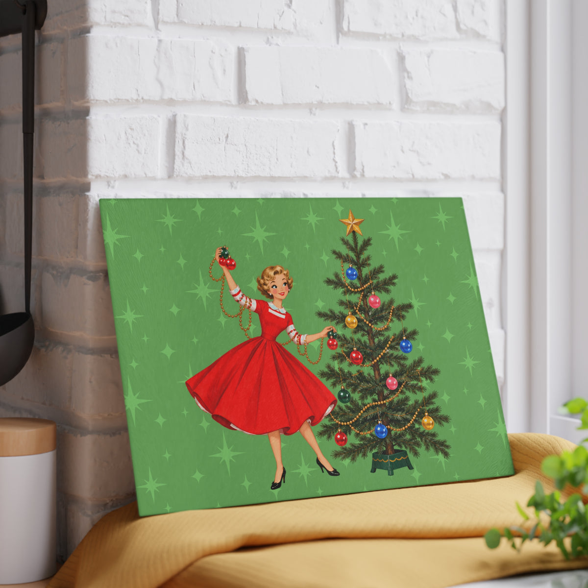 Mid Century Modern Gal Decorating Christmas Tree, Green Atomic Starbursts Glass Cutting Board
