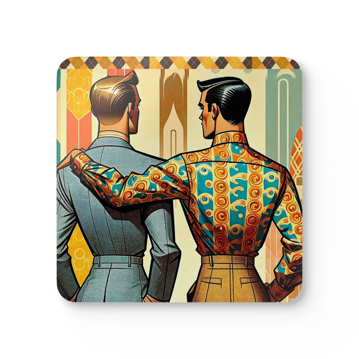 Mid Century Modern Tabletop Gentleman Gay Male Couple Kitschy Retro Corkwood Coaster Set - Mid Century Modern Gal