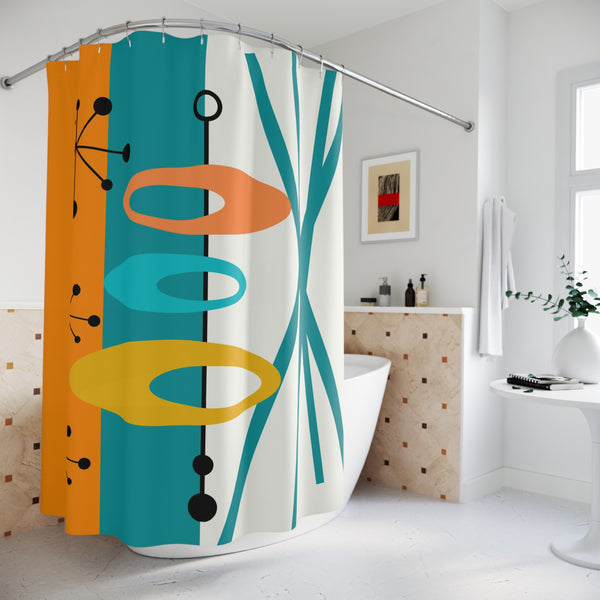 Mid-Century Modern Shower Curtain - Vibrant Orange, Teal  Retro Design for Chic Bathrooms