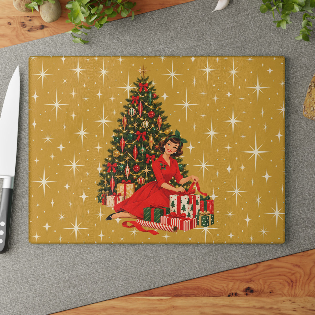 Mid Century Modern Christmas Glamour Gal Wrapping Presents by Tree, Gold Atomic Starbursts Glass Cutting Board