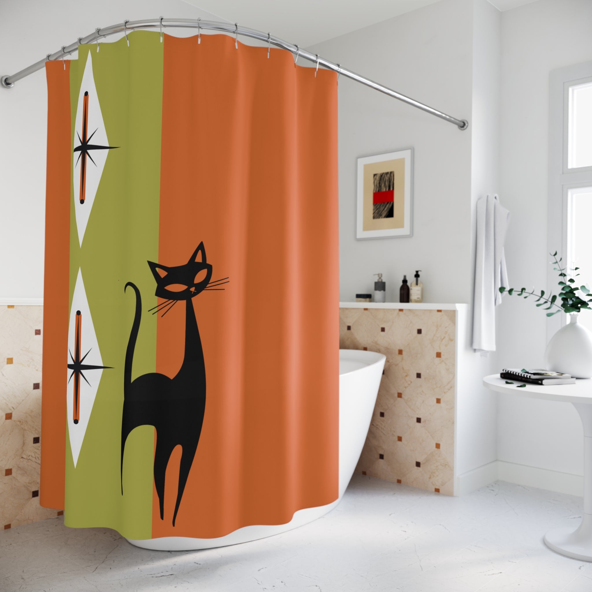 Atomic Cat Shower Curtain, Orange, Green Starburst Shower Curtain – Vintage Mid-Century Design for Cat Lovers - Mid Century Modern Gal