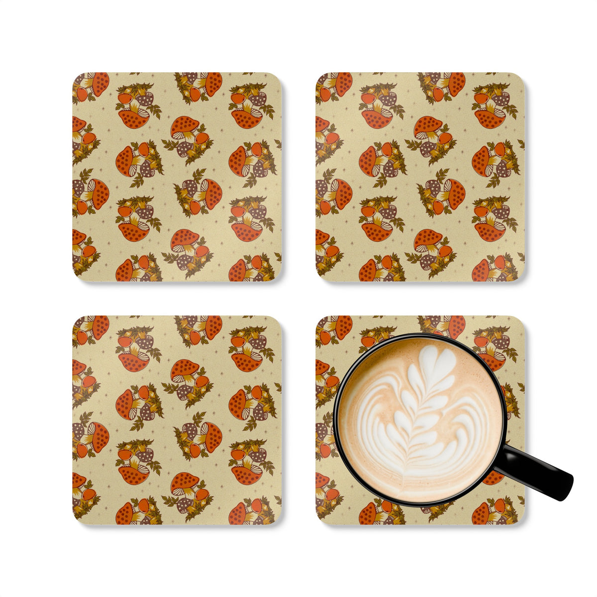70s Vintage Merry Mushroom Groovy Hippie Kitchen Orange, Brown Corkwood Coaster Set - Mid Century Modern Gal