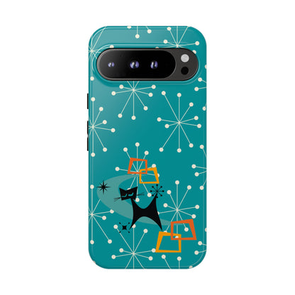 Atomic Space Cat, Starburst Blue, Retro Groovy Smart Phone Tough Phone Cases