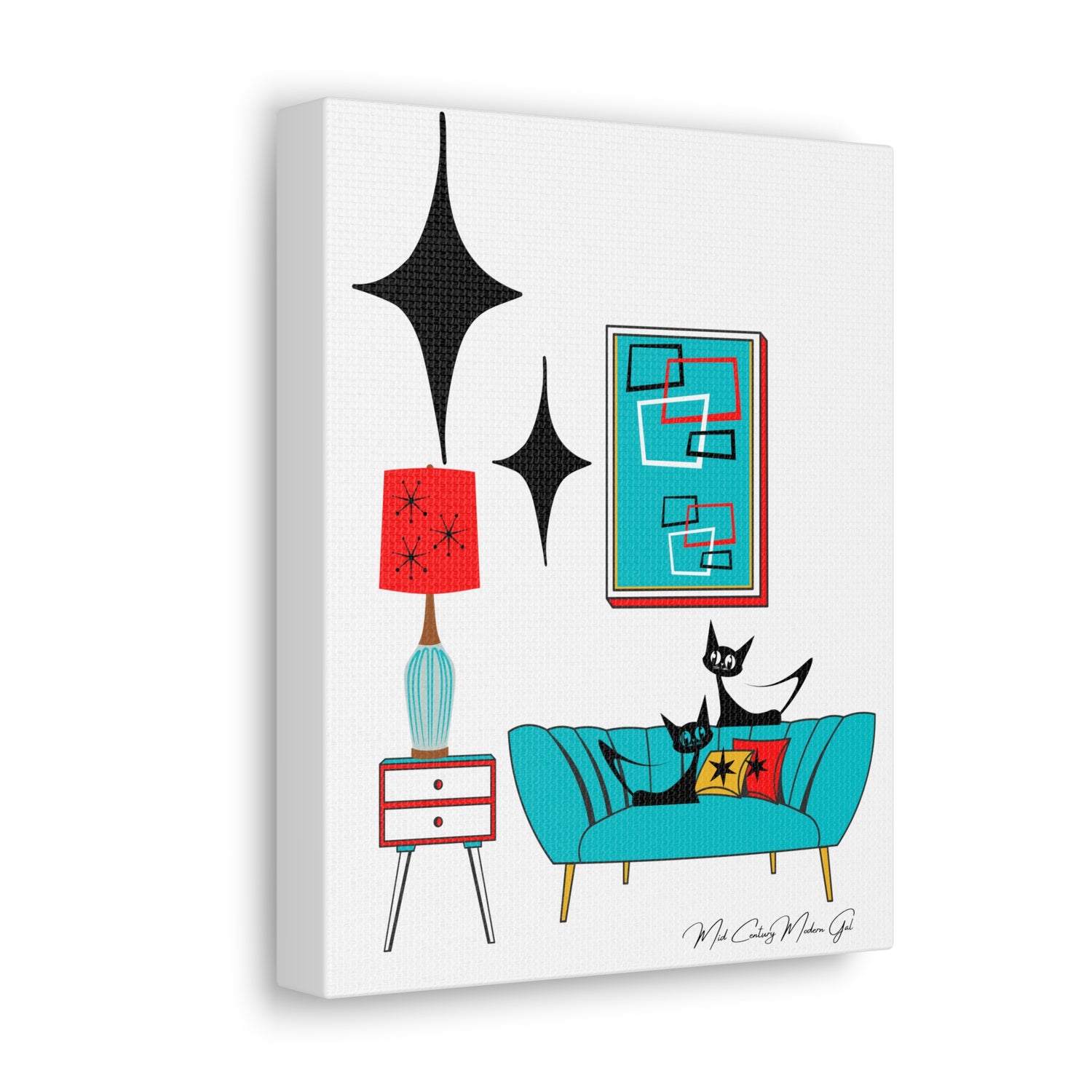 Mid Century Modern Wall Art, Atomic Cat Living Room Retro. Teal Blue, Red, Black Canvas Art