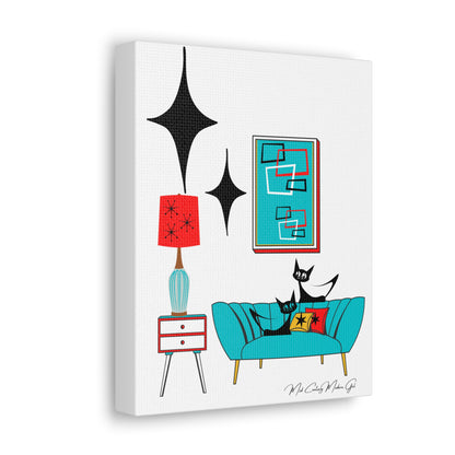 Mid Century Modern Wall Art, Atomic Cat Living Room Retro. Teal Blue, Red, Black Canvas Art