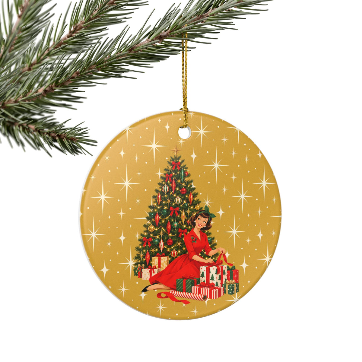 Mid Century Modern Christmas Glamour Gal Wrapping Presents by Tree, Gold Atomic Starbursts Ceramic Christmas Tree Ornament