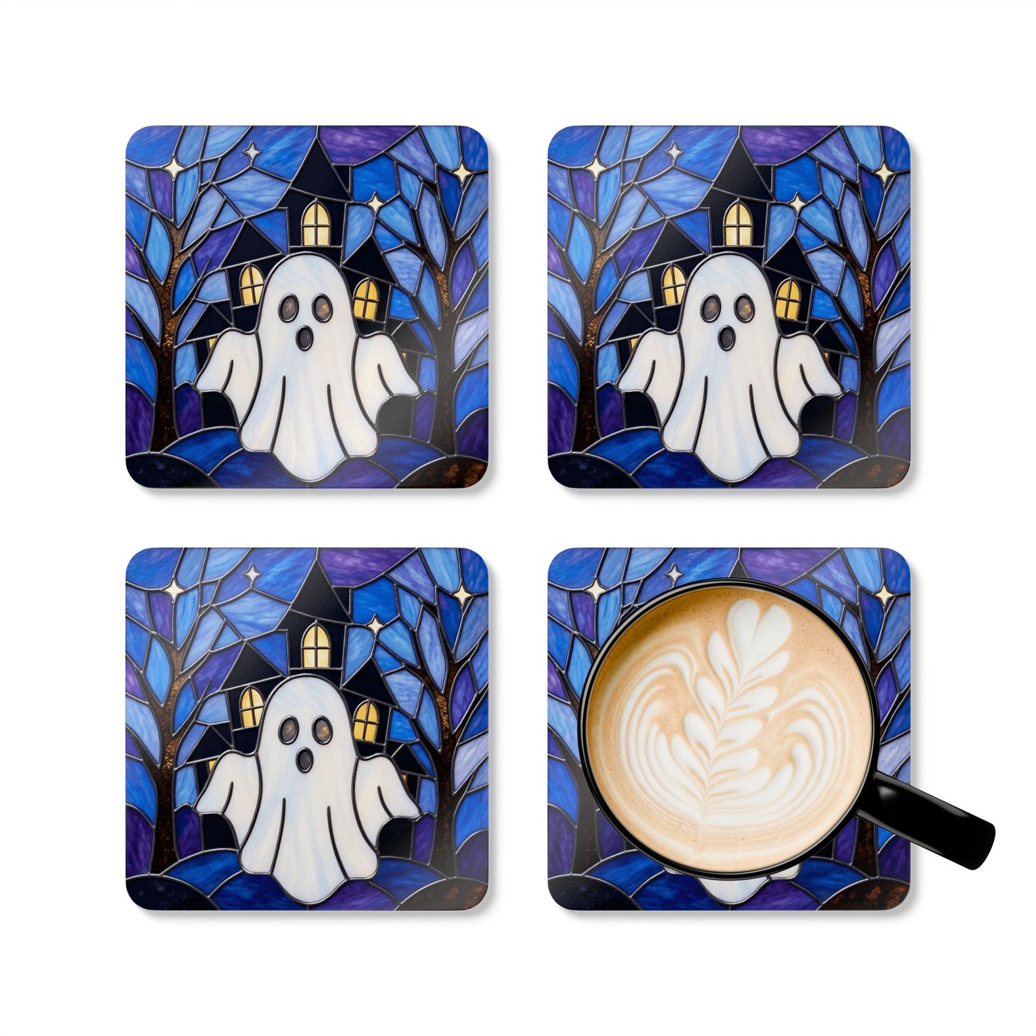 Halloween Stained Glass Style Ghost Haunted House Corkwood Coaster Set