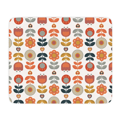 Retro Scandinavian Modern Danish Cozy Floral Tan Sherpa Blanket - Soft Throw Blanket for Home Decor &amp; Gifts - Mid Century Modern Gal