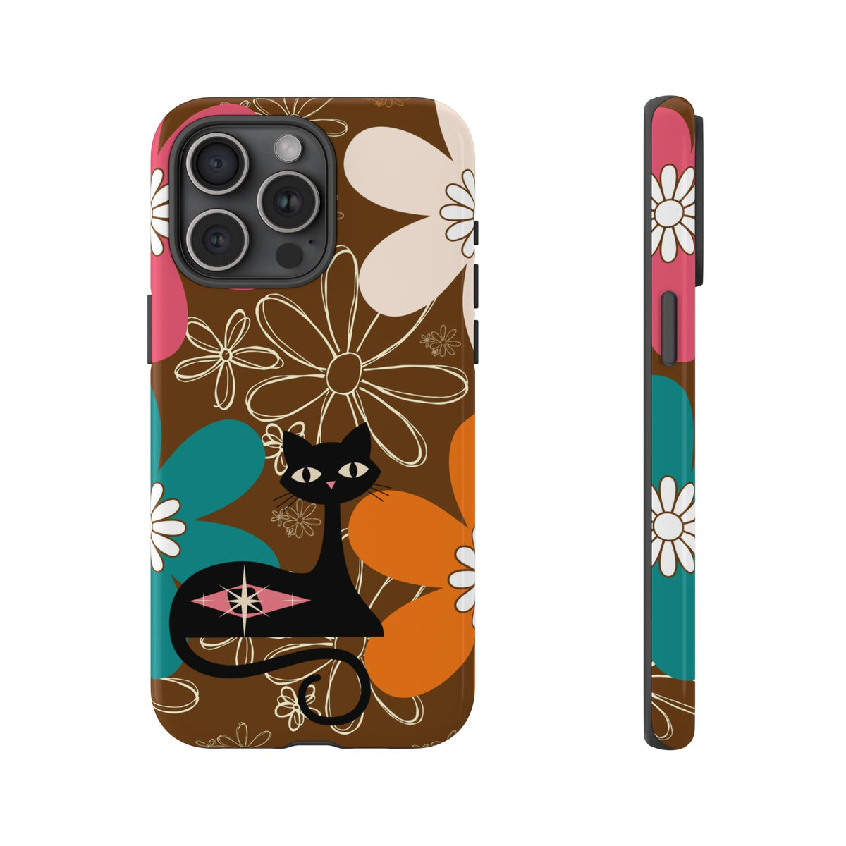 Atomic Cat Retro 70s Vibe Flower Power Tough Cases: Cute Floral and Cat Phone Case for Cat Lovers - Mid Century Modern Gal