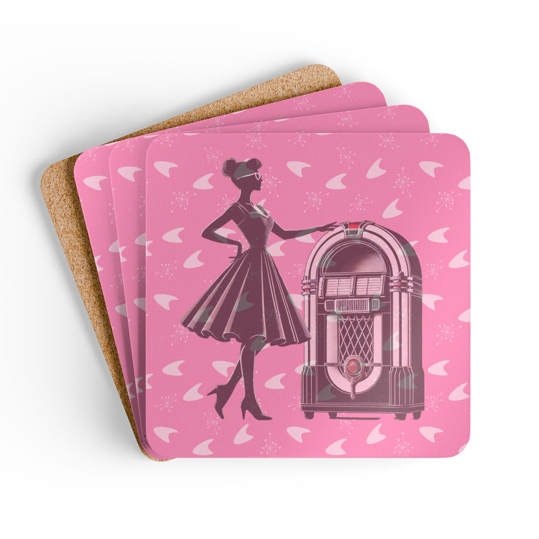 50s Diner, Pink Retro Jukebox Cork Coaster Set, Vintage Coasters, Bar Decor, Gift for Music Lovers - Mid Century Modern Gal