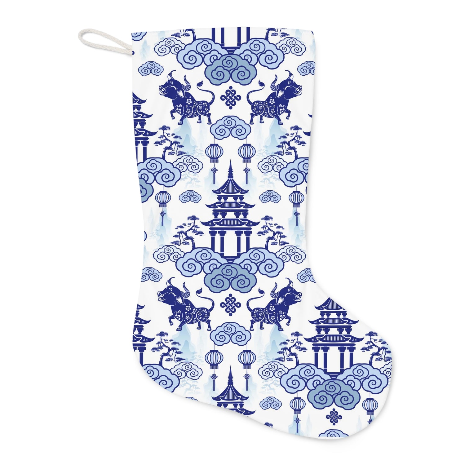 Chinoiserie Christmas Stocking, Blue, White, Flower Flourish Pagoda Whimsical Chinoiserie Holiday Collection