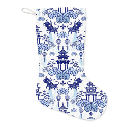 Chinoiserie Christmas Stocking, Blue, White, Flower Flourish Pagoda Whimsical Chinoiserie Holiday Collection