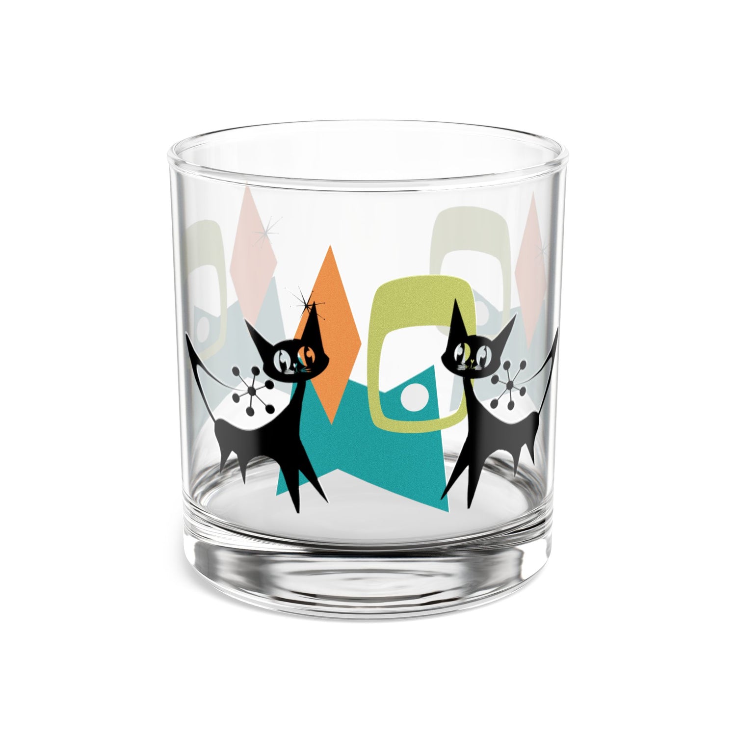 Mid-Century Modern Bourbon Rocks Glass with Cats - Unique Drinkware for Cat Lovers, Home Bar Decor, Gift for Him or Her, Cocktail Glass - Mid Century Modern Gal