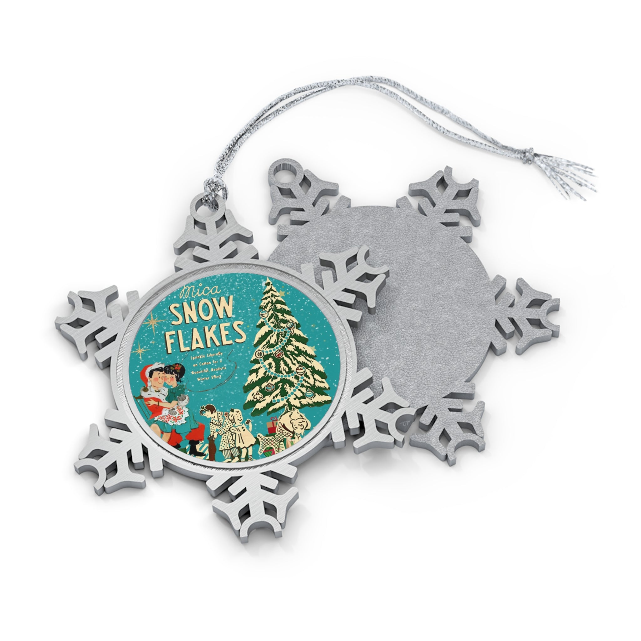 Vintage Mica Snow, Kitschy 50s Pewter Snowflake Ornament