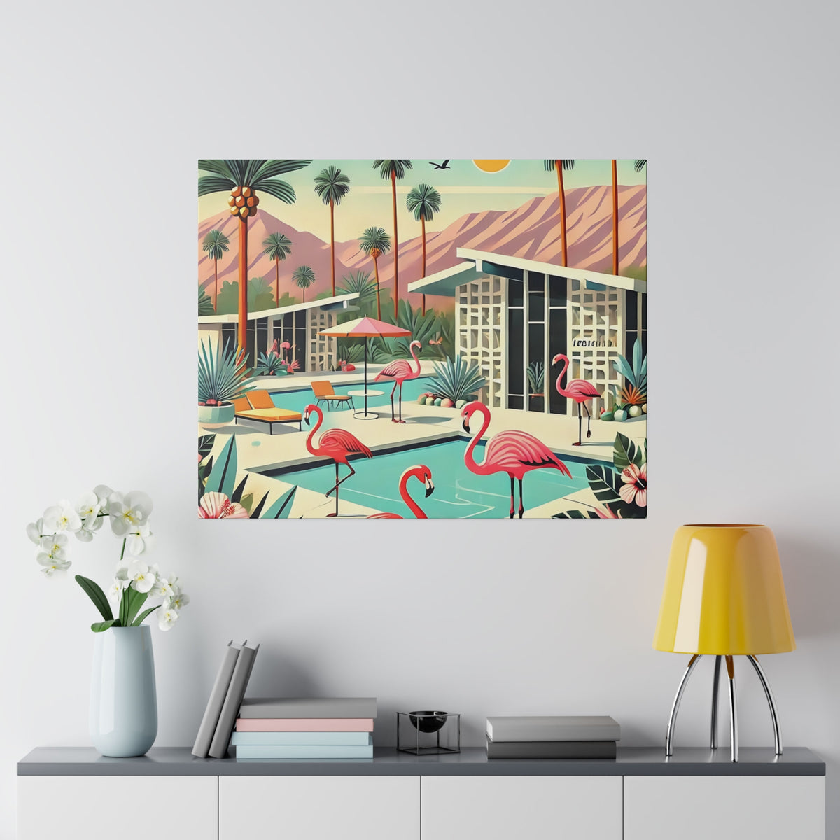 Mid-century modern wall art featuring flamingos by a pool, with Palm Springs architecture and vibrant tropical scenery.