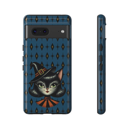 Vintage Halloween Black Cat Sexy Sexton Mid Century Modern Blue Tough Phone Case