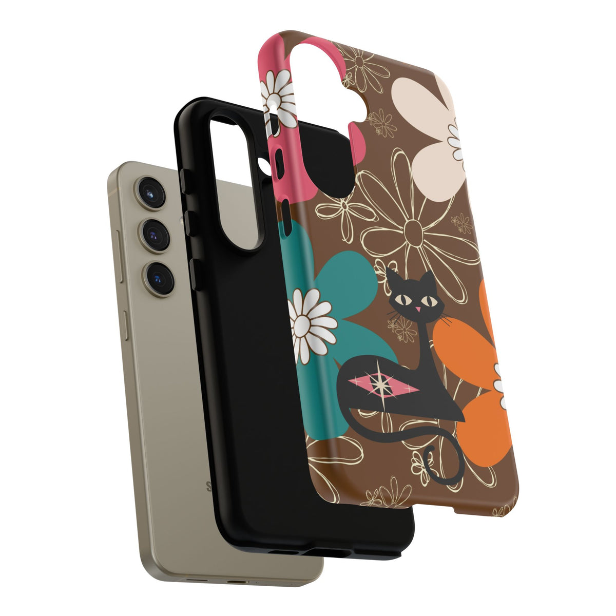 Atomic Cat Retro 70s Vibe Flower Power Tough Cases: Cute Floral and Cat Phone Case for Cat Lovers