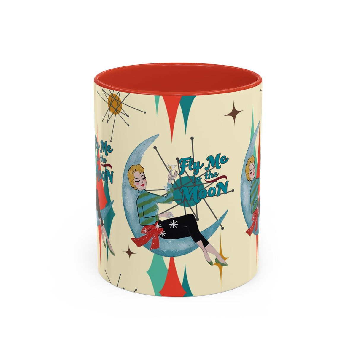 Mid Century Modern Retro Christmas Mug,  'Fly Me to the Moon' Accent Coffee Mug - Vintage Vibe for Coffee Lovers - Mid Century Modern Gal