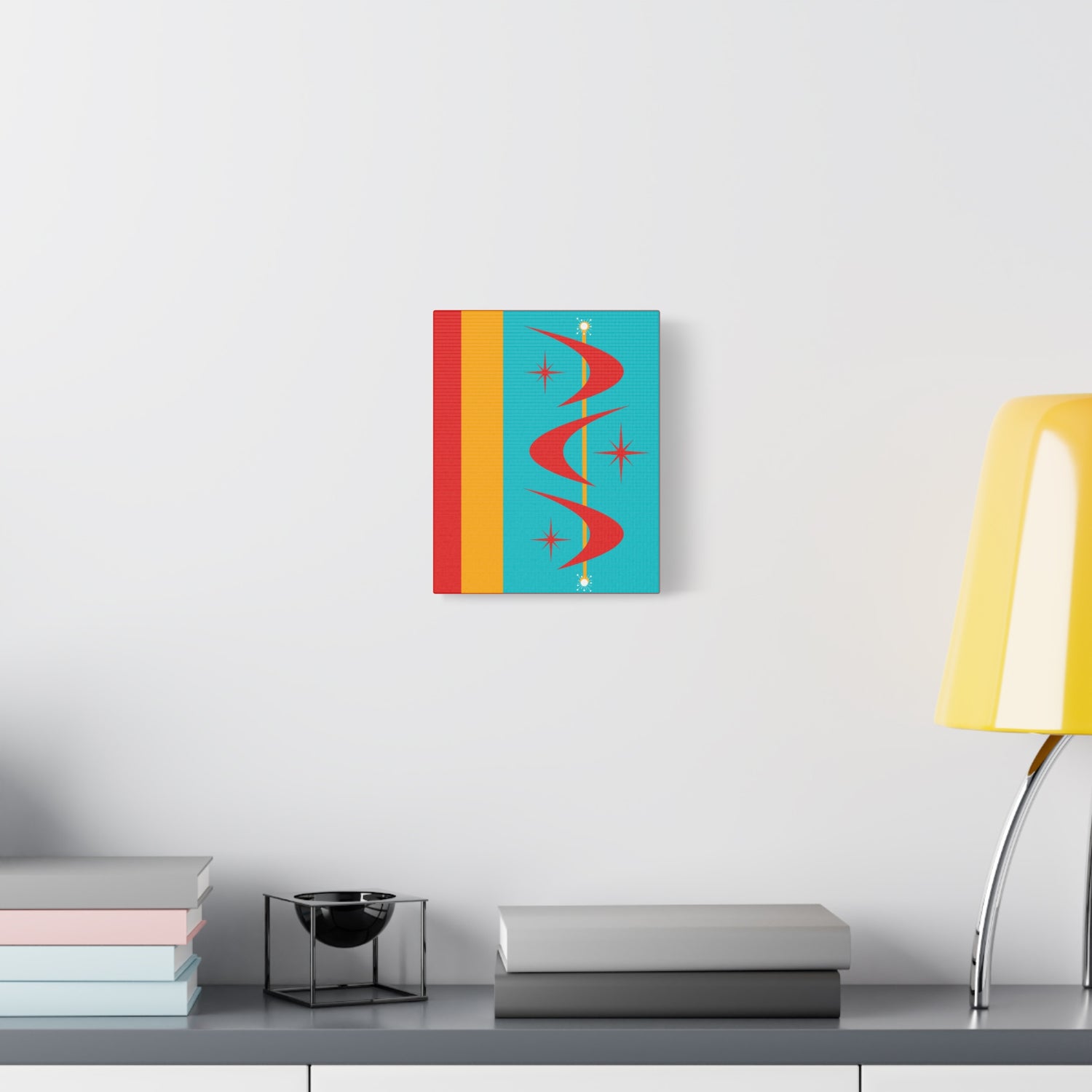 Atomic Boomerang Retro Red, Aqua Blue, Mustard Yellow Mid Century Modern Retro Wall Art - Mid Century Modern Gal