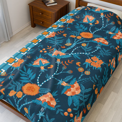 Chinoiserie Throw Blanket Blue, Orange Tropical Floral Velveteen Plush Blanket - Cozy Home Decor for All Seasons - Mid Century Modern Gal