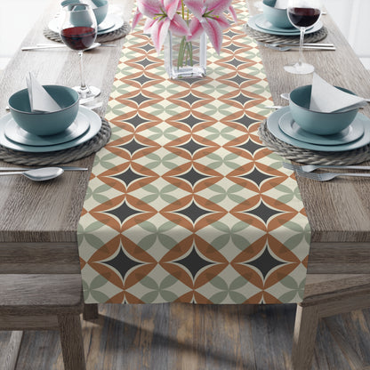 Mid Century Modern Interlocking Geometric, Terracotta Sage Charcoal Table Runner - Mid Century Modern Gal
