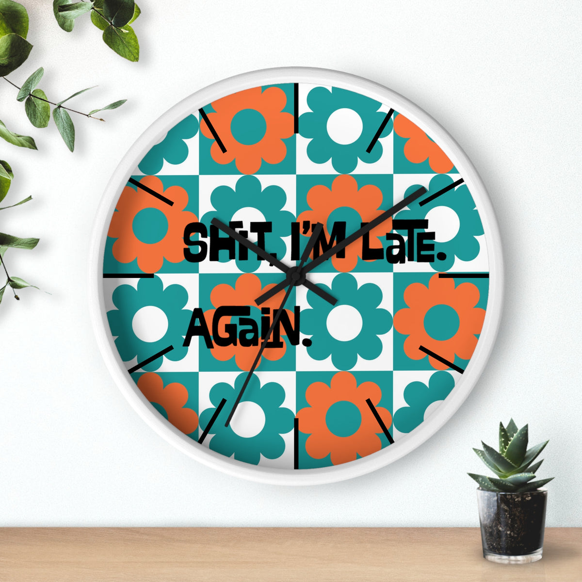 Retro Flower Clock, Funny I'm Late, Flower Power 70s Style Round Wall Clock - Mid Century Modern Gal