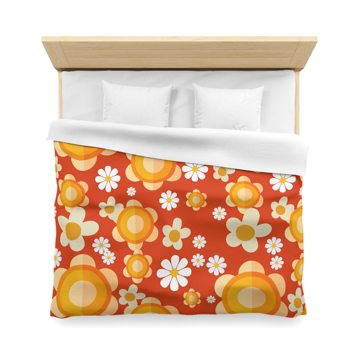 Retro Bedding Orange, White, Mod Daisy 70's Funky Groovy Hippie Queen Microfiber Duvet Cover - Mid Century Modern Gal