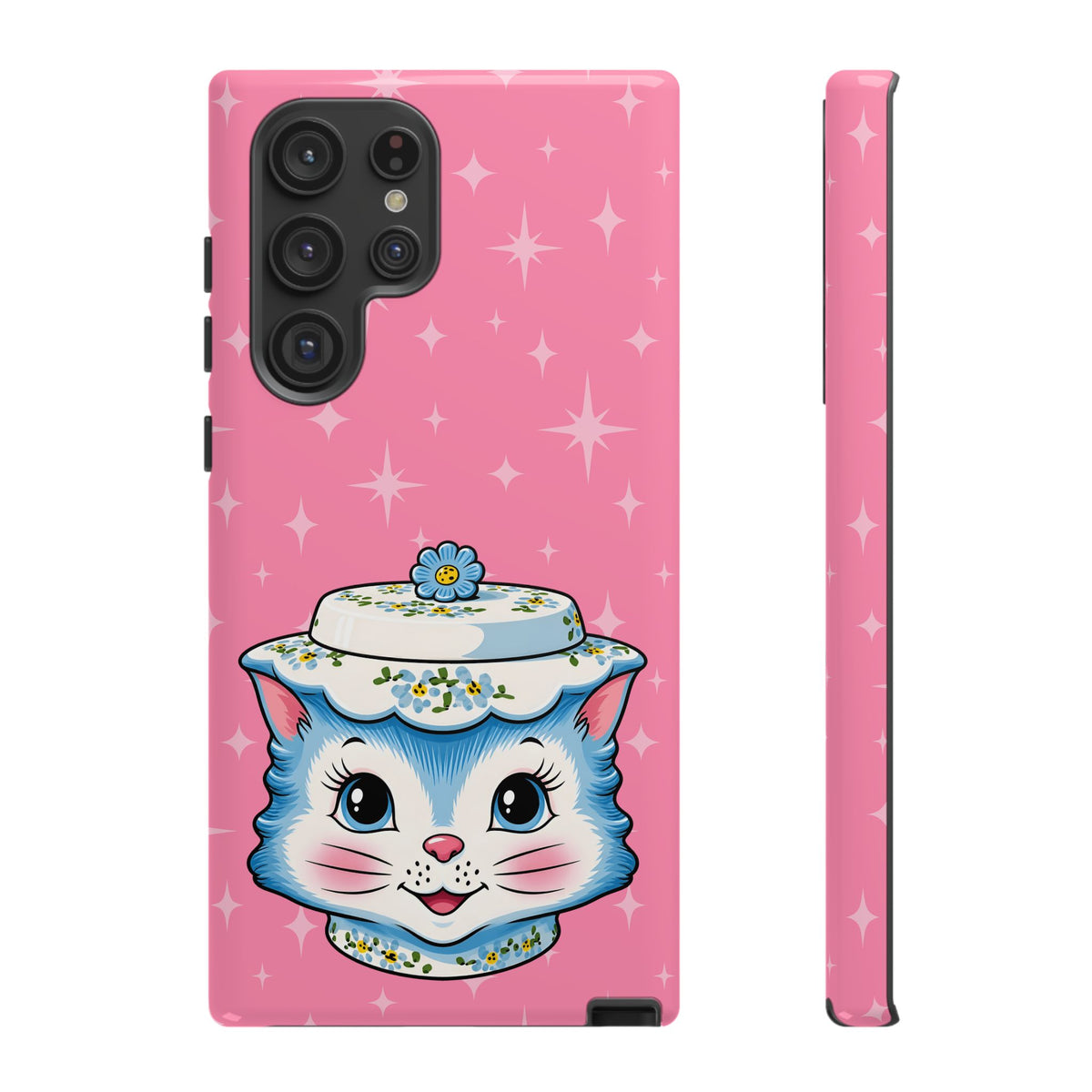 Mid Century Modern Kitschy Anthropomorphic Blue Cat with Floral Hat Tough Phone Case
