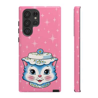 Mid Century Modern Kitschy Anthropomorphic Blue Cat with Floral Hat Tough Phone Case