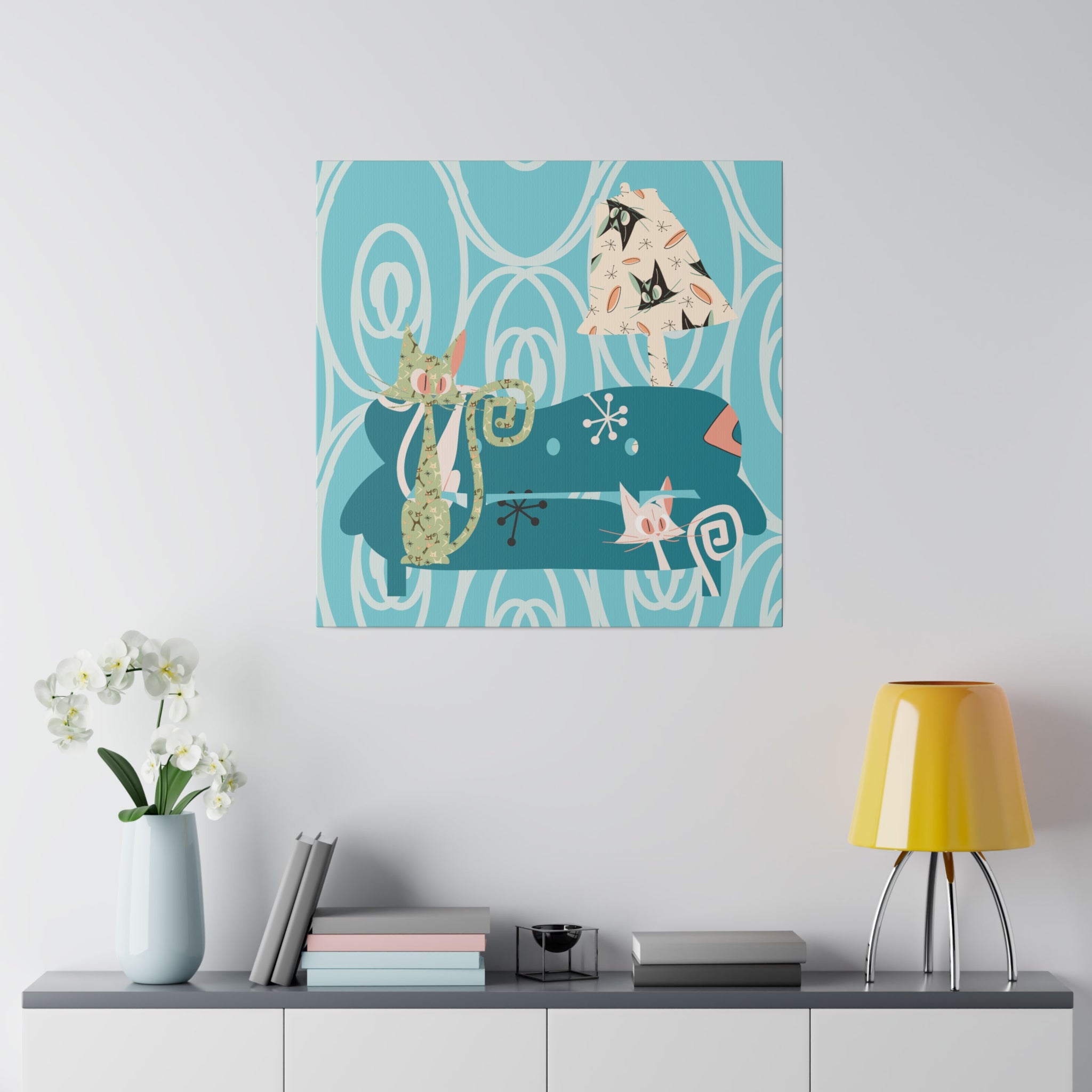 Atomic Cat Art, Quirky Kitschy Blue, Green,  Teal Mid Century Modern Wall Art