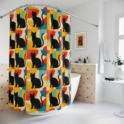 Pop Art Black Atomic Cats, Red Yellow Blue, Shower Curtain - Mid Century Modern Gal