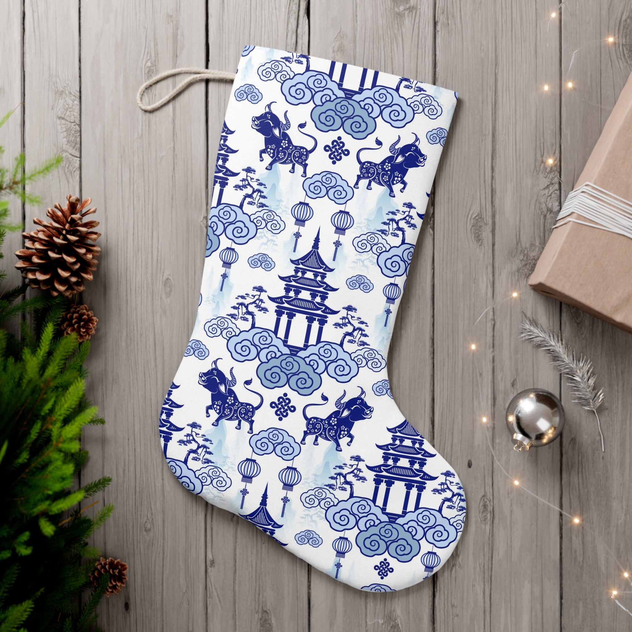 Chinoiserie Christmas Stocking, Blue, White, Flower Flourish Pagoda Whimsical Chinoiserie Holiday Collection