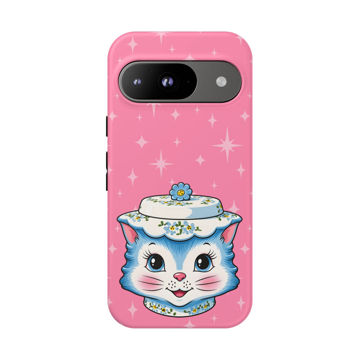 Mid Century Modern Kitschy Anthropomorphic Blue Cat with Floral Hat Tough Phone Case