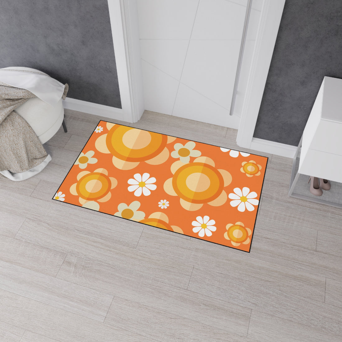 Retro Floral Orange, White Mod Daisy Heavy Duty Floor Mat - Ideal for Home Décor and Entryways