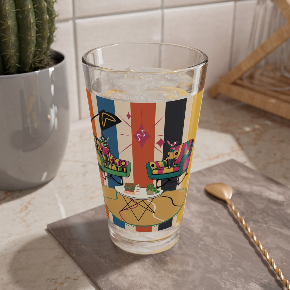 Atomic Kitschy Cats, Book Lover, Book Club Colorful Retro Glass - Vibrant Drinkware for Home Entertaining - Mid Century Modern Gal