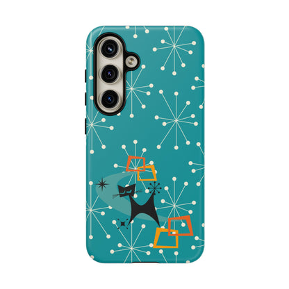 Atomic Space Cat, Starburst Blue, Retro Groovy Smart Phone Tough Phone Cases