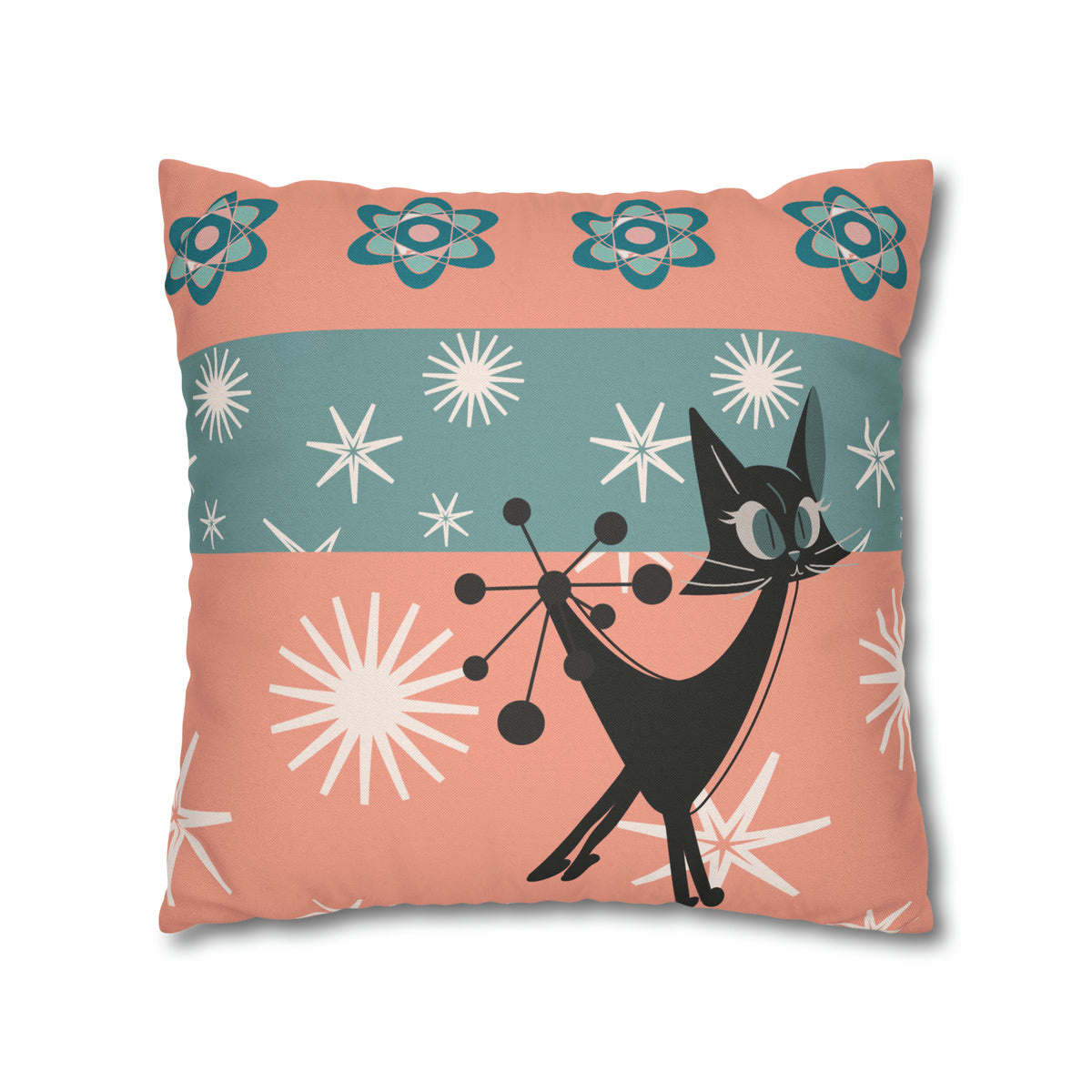 Atomic Kitschy Kittie, Black Cat Lover, Mid Century Modern Boomerang, Retro Coral, Teal, Starburst, 50s Pillow Case Cover - Mid Century Modern Gal