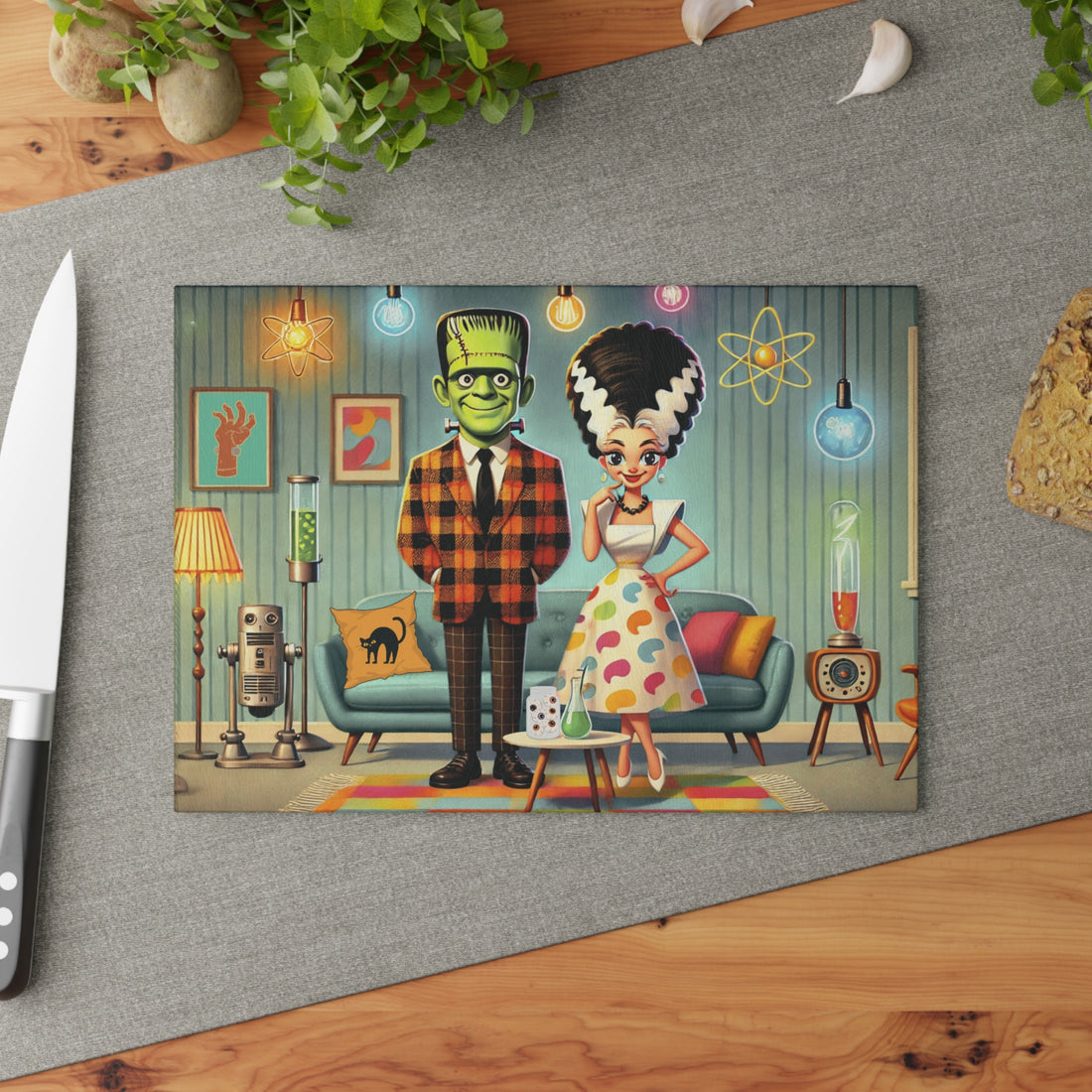 Retro Frankenstein And Bride Monster Glass Cutting Board | Vintage Kitchen Decor Home Barware for Ghoul Friends, Unique Kitchen Art - Mid Century Modern Gal