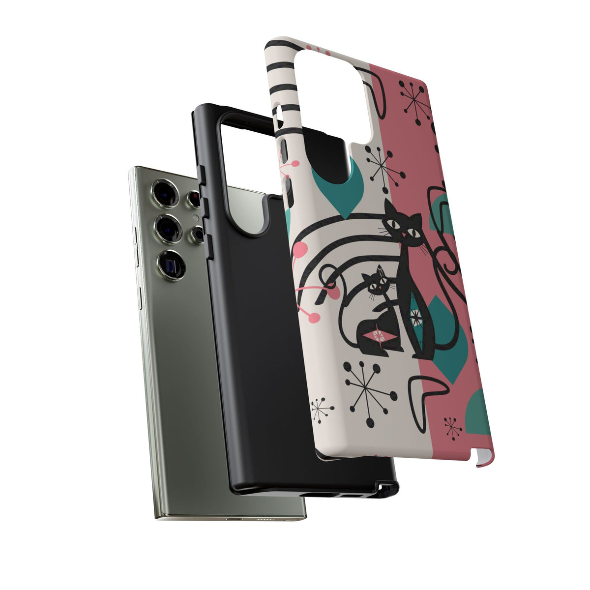 Mid Mod Atomic Cat Boomerang Starburst, Pink, Black Kitschy Stylish Cat Phone Case: Modern Design for Cat Lovers