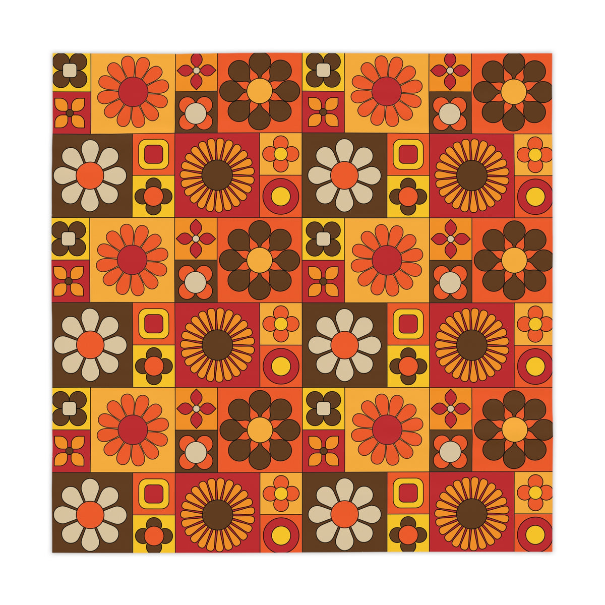 Retro 70s Mid Mod Orange, Brown, Yellow Floral Tablecloth – Vibrant Design for Your Dining Table - Mid Century Modern Gal