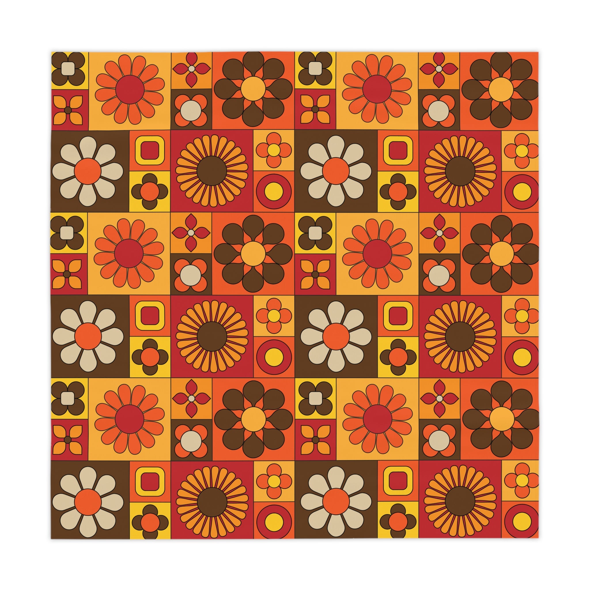Retro 70s Mid Mod Orange, Brown, Yellow Floral Tablecloth – Vibrant Design for Your Dining Table - Mid Century Modern Gal