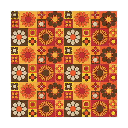 Retro 70s Mid Mod Orange, Brown, Yellow Floral Tablecloth – Vibrant Design for Your Dining Table - Mid Century Modern Gal