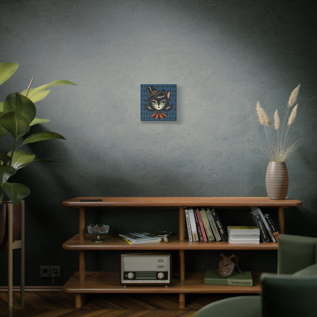 Vintage Halloween Black Cat Sexy Sexton Mid Century Modern Blue Matte Stretched Canvas Wall Art - Mid Century Modern Gal