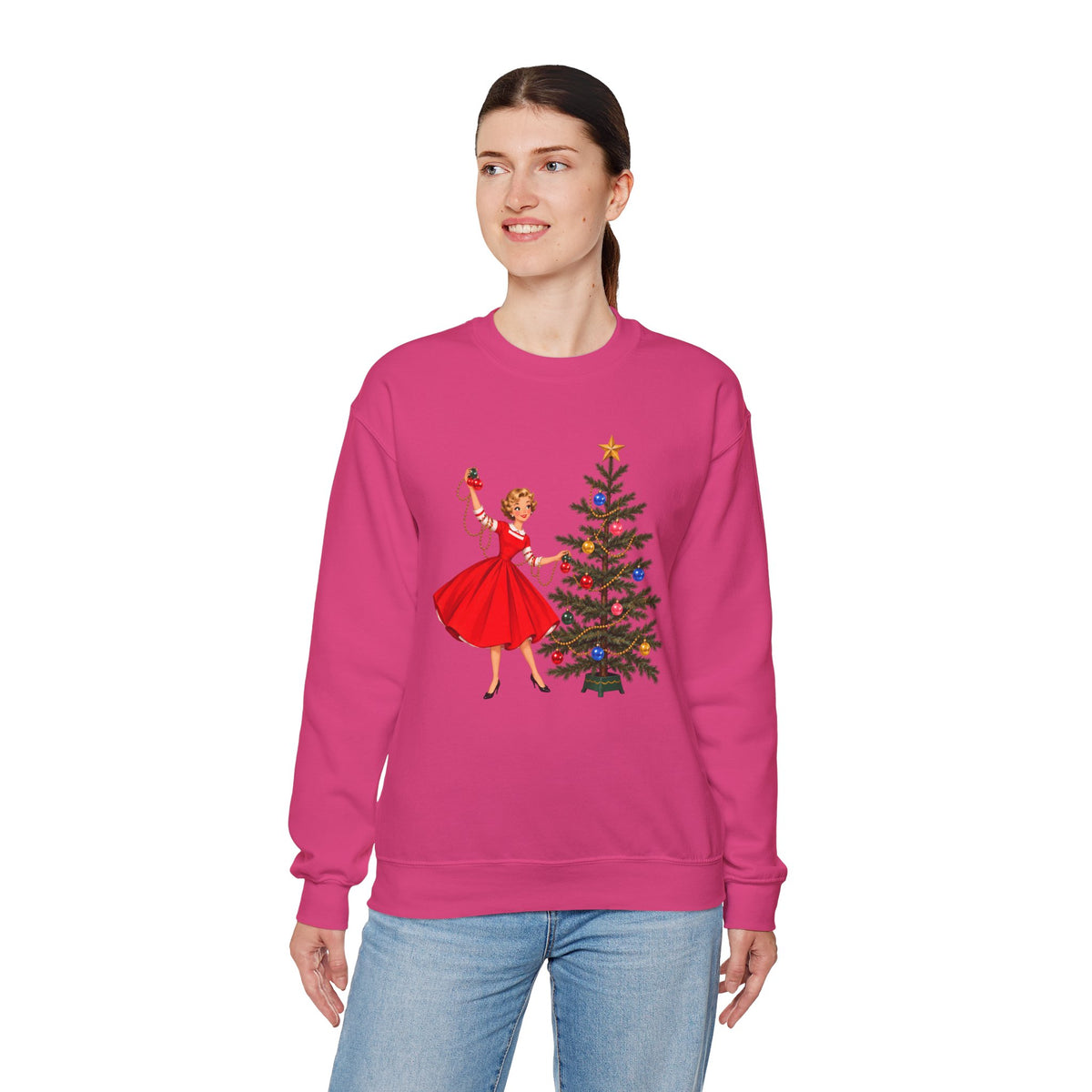 Mid Century Modern Gal Decorating Christmas Tree Unisex Heavy Blend™ Crewneck Sweatshirt - Mid Century Modern Gal